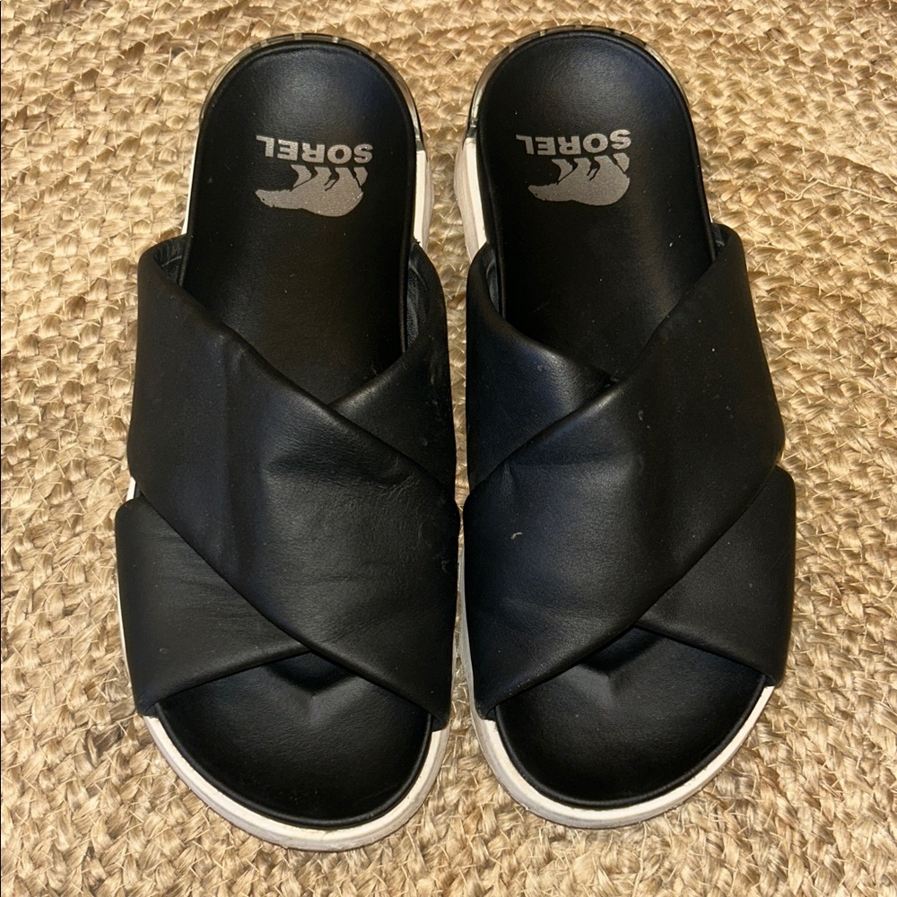 Sorel Black Criss-Cross Slide Sandals